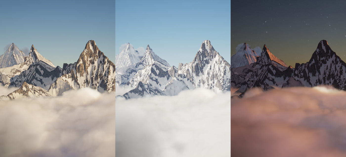 Three different 3D scenes showing mountainous alps.