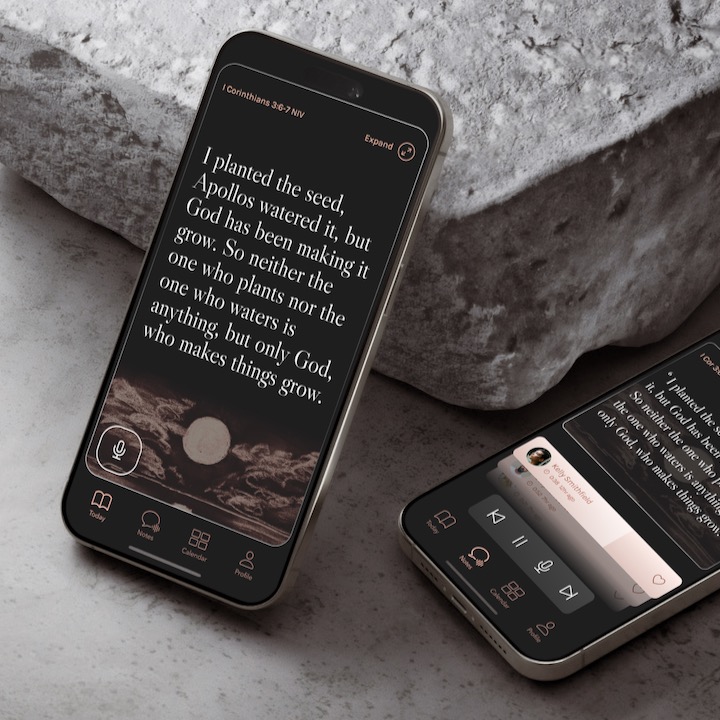 Two smartphones showing a UI with a bible verse and voice recording.