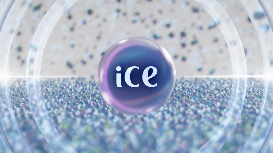 Graphic showing a sphere stating 'ice' in reference to the Emirates Airways rebrand.