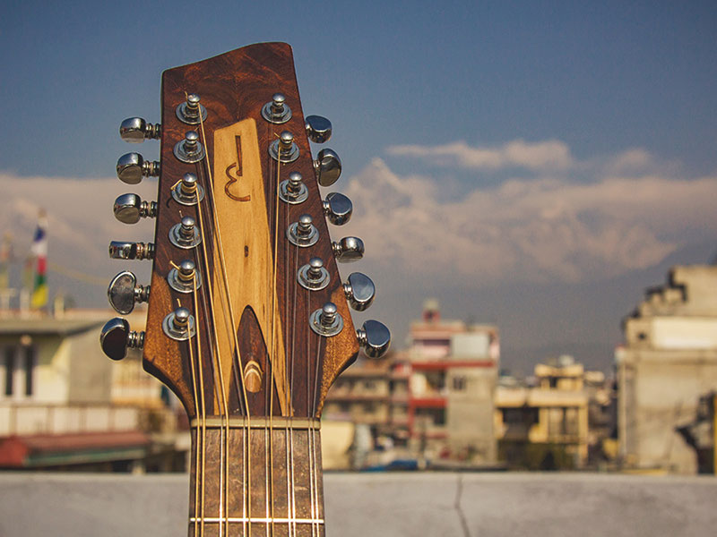 The neck of a guitar with Nepalese mountains in the background.