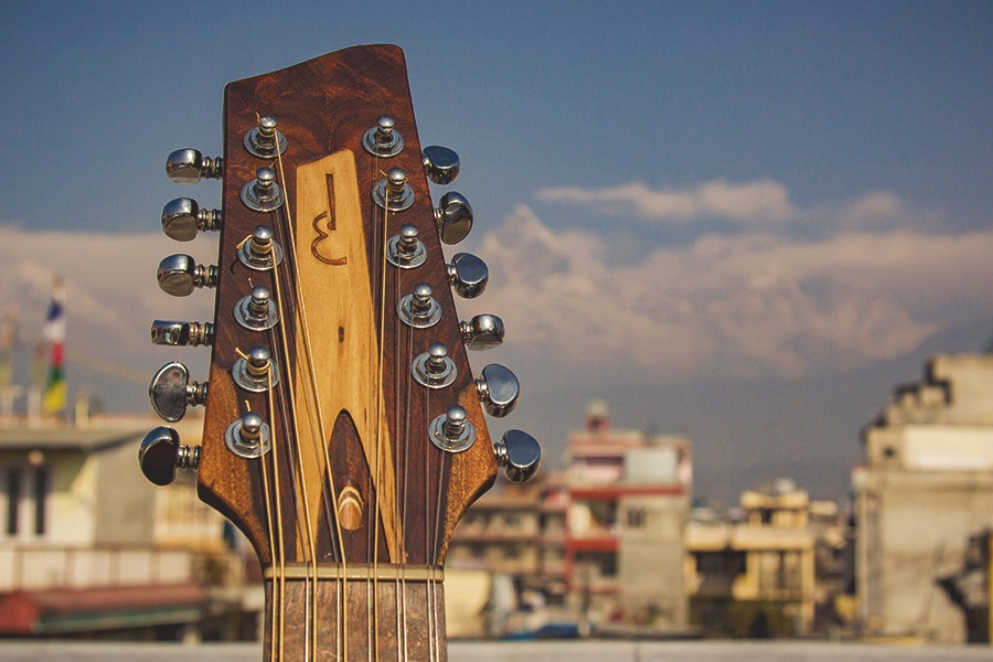 The neck of a guitar with Nepalese mountains in the background.