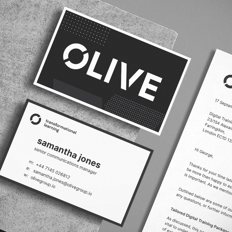 Business cards showing the Olive brand and a letterhead with the Olive brand.
