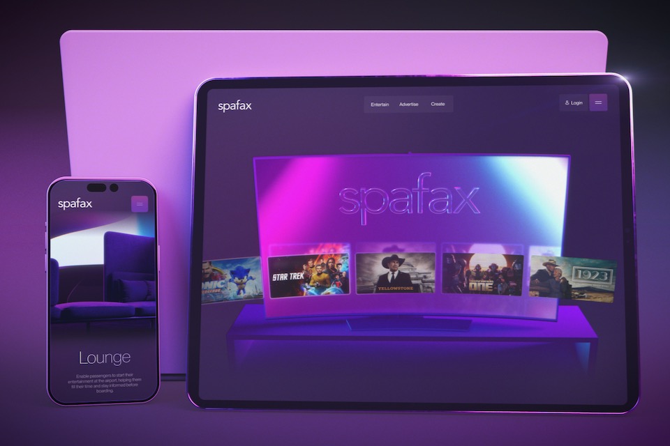 iPad and iPhone showing a purple website that states Spafax.